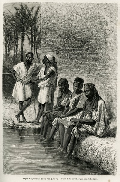 Negres és negresss a Szaharában, az Oued Rihr partján. E.Bayard metszete az algériai Szahara illusztrálására, V. Largeau, 1874-1878, megjelent a Tour du monde-ban, Edouard Charton (1807-1890) irányításával alkotó: Emile Antoine Bayard