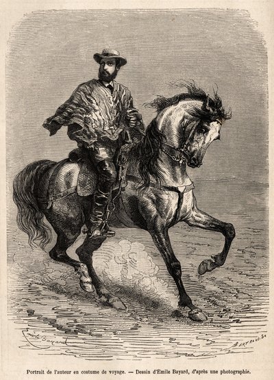 A szerző portréja a lován, úti jelmezt viselő, Emile Bayard rajza nyomán, amely az Acatama és Caracoles (Dél-Amerika) sivatagról szóló történetet illusztrálja, A.Bresson mérnök 1870-1874-ben. ” Le tour du monde alkotó: Emile Antoine Bayard