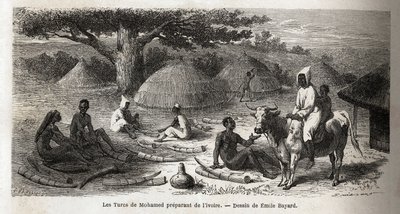 Elefántcsont készítése egy török kereskedő számára, Ugandában, Emile Bayard (1837-1891) rajza, amely Speke kapitány afrikai felfedezőútját mutatja be 1860 és 1863 között. Metszet a „Le tour du monde”-ban, szerkesztette Edouard Charton alkotó: Emile Antoine Bayard
