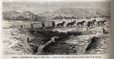 Üres kocsik összeszerelése az 1864-es pompei ásatások során, Emile Bayard (1837-1891) rajza Marc Monnier (1829-1885) „Pompei és a pompeiaiak” szövegének illusztrálására. Gravírozás a „Le tour du monde”-ban, szerkesztette Edouard Charton alkotó: Emile Antoine Bayard