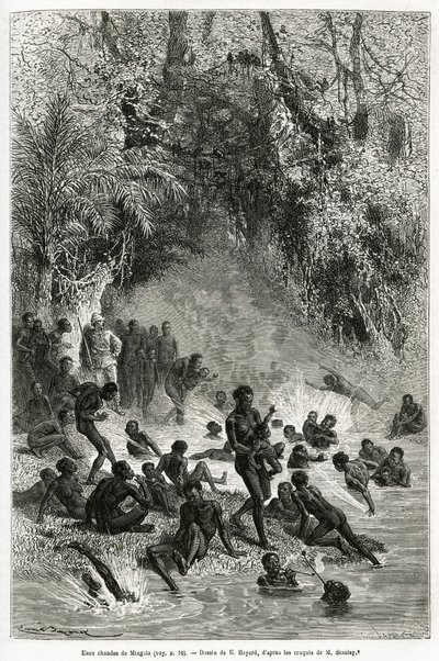 Sir Henri Morton Stanley (1841-1904) a Karagoue régió (Kamerun) fürdőzői között, akik alámerülnek a Mtagata-szoros meleg- és gyógyvizes medencéjében, Emile Bayard rajza, hogy illusztrálja a „Through the Mysterious” című történetet. kontinens”, a alkotó: Emile Antoine Bayard