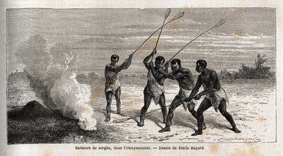 Cirokdobosok, az ounyamoueziben (Nagy Tavak régiója, Afrika), Emile Bayard (1837-1891) rajza Speke kapitány afrikai felfedezőútját szemlélteti 1860 és 1863 között. Metszet a „Le tour du monde”-ban, szerkesztette: Edouard Charton alkotó: Emile Antoine Bayard
