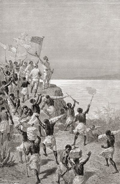 Stanley és expedíciója első alkalommal észlelte a kelet-afrikai Tanganyikát 1872-ben, illusztráció a „The World in the Hands” című könyvből, 1878-ban megjelent alkotó: Emile Antoine Bayard