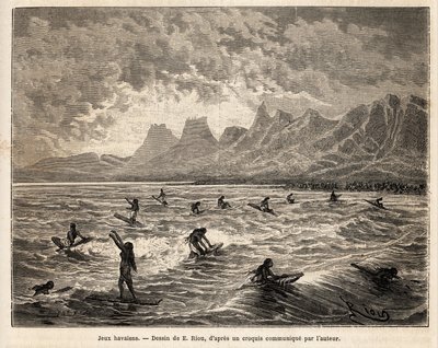 Szörfözés, a hawaiiak kedvenc játékának gyakorlása, itt nők, egyensúlyban, állva vagy ülve, a deszkán, a crete des hullámokon, akik visszahozzák őket a tengerpartra, Emile Bayard rajza után gravírozva, illusztrálva a szendvicshez vezető utat. Szigetek alkotó: Emile Antoine Bayard