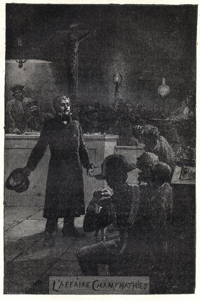 A Champmathieu-ügy: Monsieur Madeleine felfedi valódi kilétét egy szegény ember, Champmathieu, hasonmás perében, hogy elkerülje, hogy elítéljék a helyén „Je suis Jean Valjean”” – Emile Bayard (1837-) illusztrációja. 1891) „” Les miserab alkotó: Emile Antoine Bayard