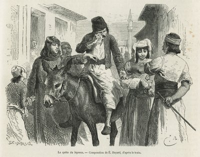 A Leproux Quest in Chio, Emile Bayard rajza, Dr. A. Testevuide 1877-ben írt „Chio szigete” (Kelet-Törökország) történetének illusztrálására. Gravírozás a Le tour du monde-ban alkotó: Emile Antoine Bayard