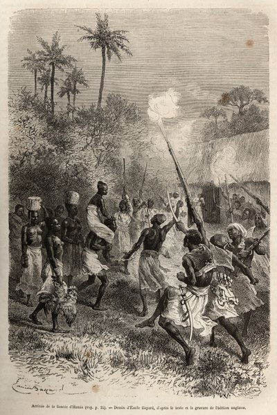 Hamis menyasszonyának megérkezése Hara faluba (Zambia), kalifourchon egy férfi vállán, egy tucat követő kíséretében, egy-egy kis kosár élelmiszerrel a fején, Emile Bayard David Livingstone-t illusztráló rajza nyomán. alkotó: Emile Antoine Bayard