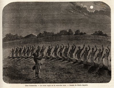 Az újhold felkelő dobjainak szertartása a Rumanika törzs élén, Karague-ban (a Victoria-tótól nyugatra, a mai Zimbabwéban), Emile Bayard (1837-1891) rajza Speke kapitány utazását illusztrálva Az afrikai felfedezések 186-tól alkotó: Emile Antoine Bayard