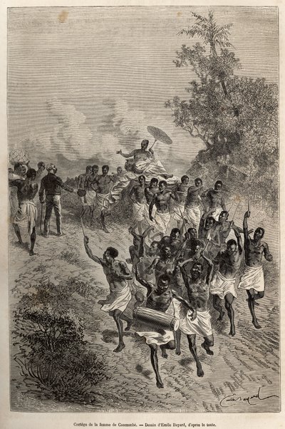 Cassemmbe feleségének csapata elhalad Livingstone előtt, aki köszönti őt, Emile Bayard rajza után vésve, amely David Livingstone utolsó naplóját (1813-1873) illusztrálja 1866-1873-ban, megjelent a „” Le tour du monde” 1875-ben, szerkesztette: Edouard Chart alkotó: Emile Antoine Bayard