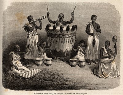 Az udvari zenekar a Karague-ban (a Victoria-tótól nyugatra, a mai Zimbabwe), Emile Bayard (1837-1891) rajza, Speke kapitány afrikai felfedezőútja 1860 és 1863 között. Gravírozás: „” Le tour du monde ””, szerkesztette Edouard Char alkotó: Emile Antoine Bayard