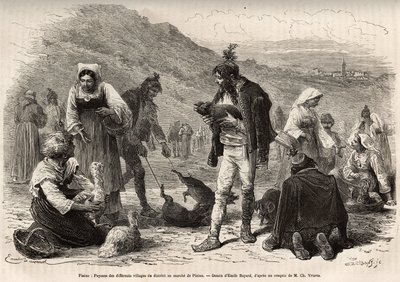 Pisino (Horvátország) környéki parasztok összegyűlnek, hogy a piacon árusítsák mezőgazdasági termékeiket: baromfit, malacot..., Emile Bayard 1874-es isztriai és dalmáciai utazását illusztráló rajza nyomán, Charles tollából. Yriarte, tedd közzé alkotó: Emile Antoine Bayard