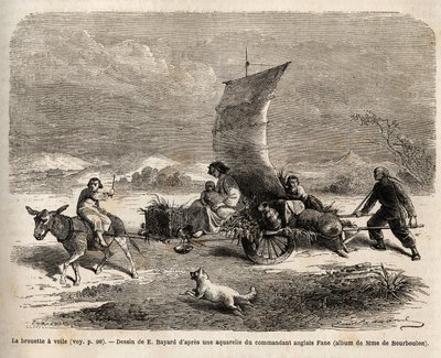 Az Észak-Kínában használt vitorlás talicska, mozdonyrendszer, E. Bayard rajza, a Sanghajból Moszkvába vezető utat szemléltetve alkotó: Emile Antoine Bayard