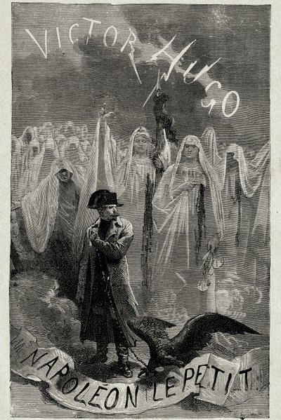 Victor Hugo „Kis Napóleon”” című könyvének címlapja (Napoleon 3 sasláncot tartva). Emile Bayard metszete. alkotó: Emile Antoine Bayard