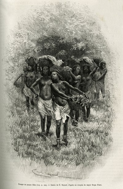 Fiatal lányok csapata élelmiszerrel teli kosarakat cipelő S.Pinto és emberei ellátására. Serpa Pinto őrnagy, 1877-1878-ban, kocsma, Emile Bayard metszetének illusztrálására, hogyan jártam be Afrikát, az Atlanti-óceántól az Indiai-óceánig alkotó: Emile Antoine Bayard