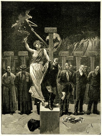 Victor Hugo, Les Chatiments, Emile Bayard illusztrációja. „Tévedés lenne azt hinni, hogy ezek a dolgok/énekekkel és apoteózisokkal fognak végződni”””. Azt mondják, hogy ez a jövő felidézése okozta a rettegést a Napóleon 3-tól. alkotó: Emile Antoine Bayard
