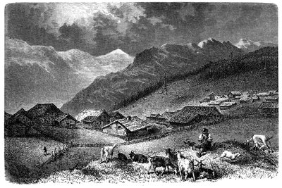 Falu az Alpokban. Murren, a Berni Oberlandban, 1630 méter tengerszint feletti magasságban. Pásztor, aki kecskéiből és juhokból áll (birka). Illusztráció: Emile Bayard Albert Dupaigne „Les Montagnes” című könyvéhez, Mame 1881-es kiadás. alkotó: Emile Antoine Bayard