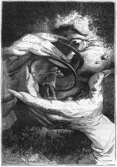 Illusztráció Jules Verne „A Hold körül” című regényéről, Emile Bayard rajza, Hetzel-kiadás/Voyages extraordinaire 1870. Michel Ardan űrhajós azt képzeli, hogy egy óriás nagyítón keresztül figyeli (hivatkozás Swift Gulliverére) alkotó: Emile Antoine Bayard