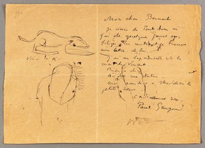 Emile Bernardnak írt levél három tusvázlattal, "Vincent" haláláról, Tahiti, 1890-es évek alkotó: Emile Bernard