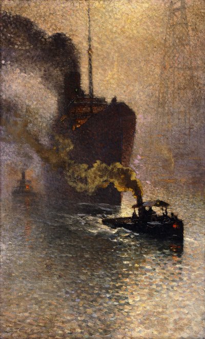 A Temzén a Ködben vontatva; Escorte sur la Tamise dans le Brouillard – Taken in Tow on the Thames, 1918 alkotó: Emile Claus