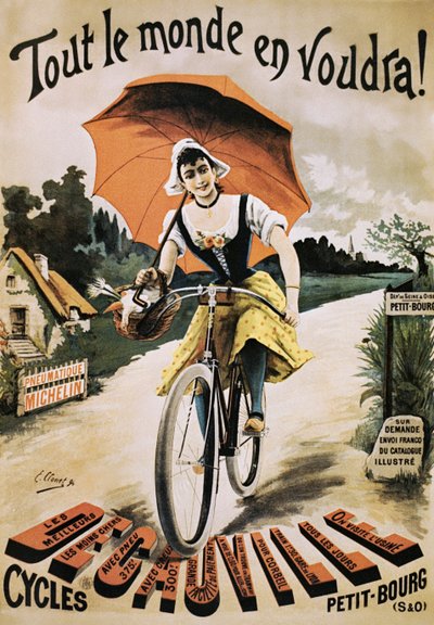 Vintage poszter a piros esernyőt tartó kerékpáros nőről alkotó: Emile Clouet