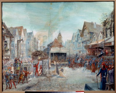Százéves háború: „” Jeanne of Arc-ot (1412-1431) a hentes vezeti”” (Place du Vieux-Marche in Rouen). Emile Deshays (1875-1946) festménye 1901. V. 0,73x0,6 m Rouen, Musee des Beaux Arts Figyelem! Ennek a műnek a felhasználását harmadik fél aut alkotó: Emile Deshays