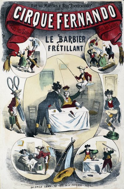 Cirque Fernando: Az író borbély – Lévy plakátja, 19. század vége alkotó: Emile Levy