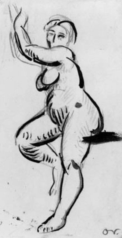 Balra néző álló női modell fej fölé emelt karokkal. alkotó: Emile Othon Friesz