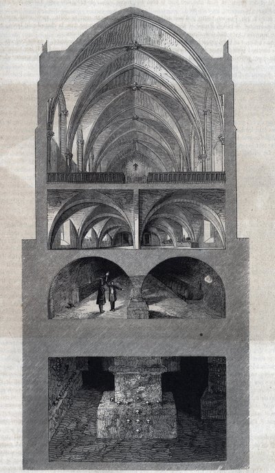 A párizsi Napóleon gimnázium keresztmetszete (ma: Lycee Henri IV). Fentről lefelé: a refektórium, a konyha, a pincék, a katakombák. Therond metszete. A „Le Magasin Picturesque” című filmben alkotó: Emile Theodore Therond