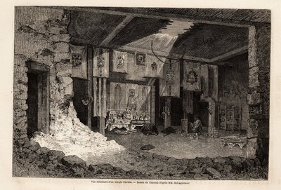 Egy tibeti templom belső képe, Therond rajza, Vivien de Saint Martin 1862-es földrajzi évének összefoglalójának illusztrálására. Gravírozás a „Le tour du monde”-ban, szerkesztette Edouard Charton alkotó: Emile Theodore Therond