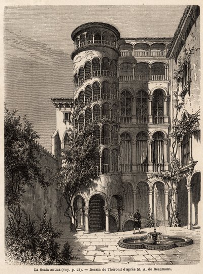 La Scala Antica, Therond rajza, Adalbert de Beaumont 1850 körüli velencei utazásának illusztrálására. Metszet a „” Le tour du monde”-ban, szerkesztette Edouard Charton alkotó: Emile Theodore Therond
