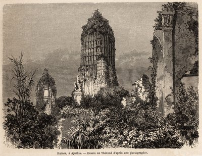A dzsungel növényzetében, Ajuthiában (Thaiföld) készült romok, Therond rajza, hogy szemléltesse Henri Mouhot 1858-tól 1861-ig tartó utazását Sziám, Kambodzsa és Laosz királyságain keresztül. Gravírozás a „Le tour du monde”-ban, Edouard szerkesztette alkotó: Emile Theodore Therond
