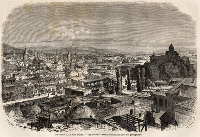 Tiflis (vagy Tbiliszi) képe, Therond rajza Moynet úr 1858-as Fekete- és Kaszpi-tengeri utazásának illusztrálására. Metszet a „” Le tour du monde, nouveau Journal des voyages”” Párizsban alkotó: Emile Theodore Therond
