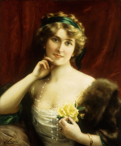 Egy elegáns hölgy sárga rózsával alkotó: Emile Vernon