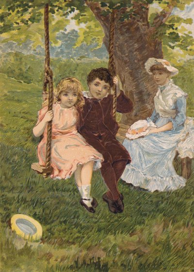 Fiú és lány ül egy hintán (kromolito) alkotó: Emily Jane Harding Andrews