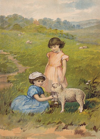 Két lány simogat egy bárányt (chromolitho) alkotó: Emily Jane Harding Andrews