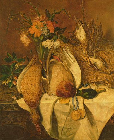 Csendélet tőkés récével, szalonnal és aranyéremmel, 1850 körül alkotó: Emily Stannard