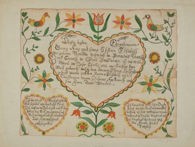 Fraktur – születési és keresztelési anyakönyvi kivonat alkotó: Emma M. Krumrine