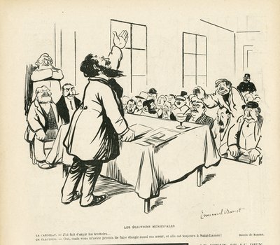 Illusztráció Emmanuel Barcetről (1870-1940) Le Rire-ben, 09/05/08 - Önkormányzati választások - Választások, politikai találkozó, találkozó, választási gyűlés, önkormányzati választások alkotó: Emmanuel Barcet