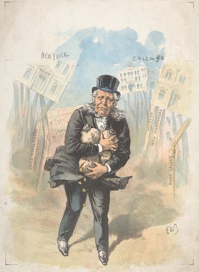 Férfi pénzeszsákokat szorongató, miközben a bankok összeomlanak, 19. század vége – 20. század eleje. alkotó: Emmanuel Wyttenbach