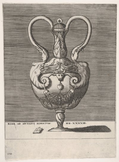 Antik fedeles váza, két fogantyúval, amelyek a hibrid női Sph... fejéből emelkednek ki, 1543 vagy azután. alkotó: Enea Vico