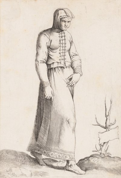 Jelmeztál: Nő kapucnis ruhával, kb. 1557-58. alkotó: Enea Vico