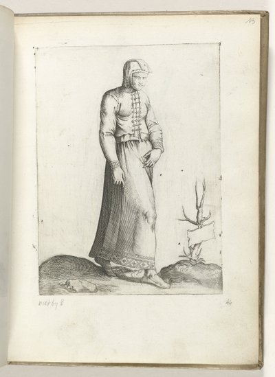 Een vrouw uit Spanje, gekleed volgens de mode van ca. 1550 Korunk különböző nemzeteinek attitűdjei (sorozat címe) alkotó: Enea Vico