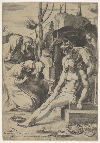 Krisztus síremléke, akinek mellkasát Arimatheai József fogja meg, két térdelt és..., 1543. alkotó: Enea Vico