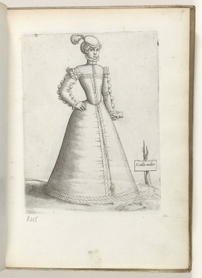 Galla Mulier (cím az objektumon) Egy férjes nő Franciaországból, 1550 körüli divat szerint öltözve Diversarum gentium nostrae aetatis habitus (sorozat címe) alkotó: Enea Vico