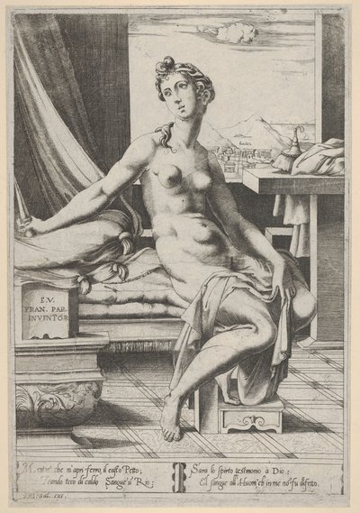 Lucretia meztelenül, az ablak előtt ül, jobb kezében tőrrel, kezében d..., kb. 1535-67. alkotó: Enea Vico