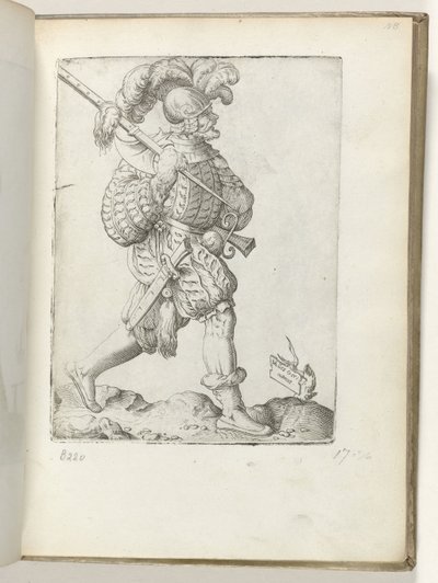 német katona (cím a tárgyon) Duitse soldaat, gekleed volgens de mode van ca. 1550 Korunk különböző nemzeteinek attitűdjei (sorozat címe) alkotó: Enea Vico