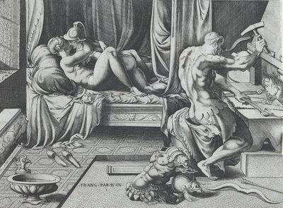A Vénusz és a Mars ölelkezve, mint a Vulkán munkája a kovácsműhelyében, 1543. alkotó: Enea Vico