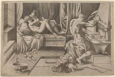 Vénusz és Mars ölelkezik Vulkánnal a kovácsműhelyében alkotó: Enea Vico after Parmigianino