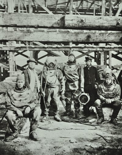 Blackfriars Bridge: építőmunkások pózolnak felszereléssel, 1869 alkotó: English Photographer