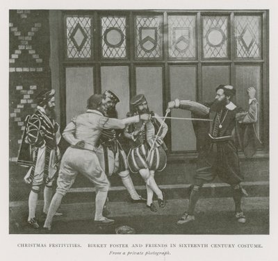 karácsonyi ünnepségek. Myles Birket Foster angol művész és barátai 16. századi jelmezben (f/w fotó) alkotó: English Photographer